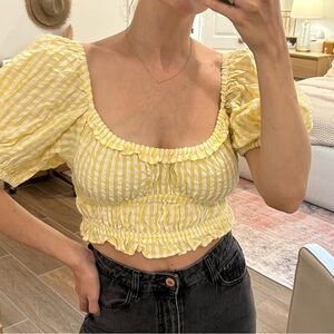 Yellow striped puff sleeve crop top